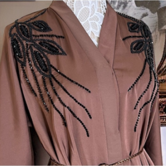 NWOT Embellished Abaya Mocha Brown Beaded Dubai Jalbab long Sleeves Dress - Picture 6 of 16